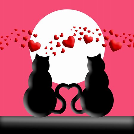 simsearch:400-05295204,k - Happy Valentines Day Cats in Love with Moon and Hearts Silhouette Illustration Stock Photo - Budget Royalty-Free & Subscription, Code: 400-05295785