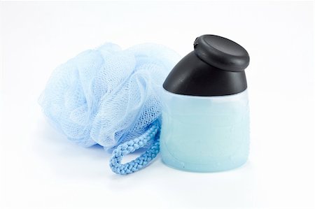 blue bath sponge and shower gel on white Stock Photo - Budget Royalty-Free & Subscription, Code: 400-05296786