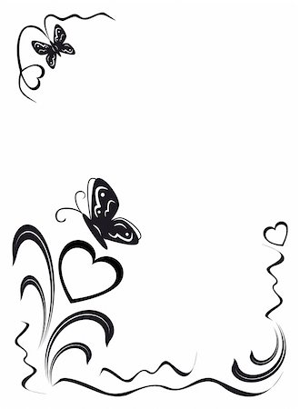 butterfly, hearts and floral ornament, black on the white background, illustration Stock Photo - Budget Royalty-Free & Subscription, Code: 400-05296914