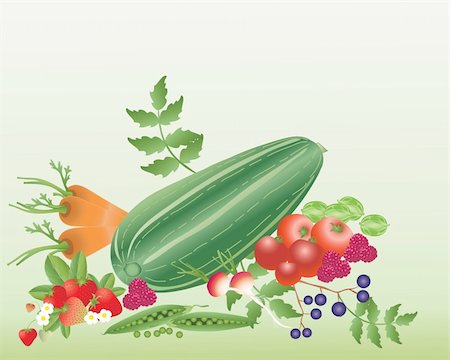 an illustration of a variety of fruit and vegetables with strawberries tomatoes and marrow on a pale green background Stock Photo - Budget Royalty-Free & Subscription, Code: 400-05298656