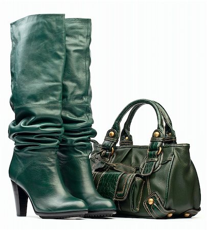 simsearch:400-07099649,k - Green female high-heeled boots and leather bag on white background Foto de stock - Super Valor sin royalties y Suscripción, Código: 400-05299392