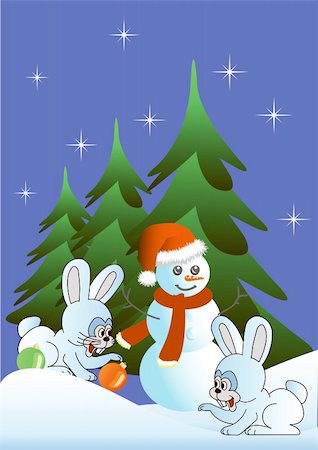 simsearch:622-06487860,k - Hares congratulate on Christmas, behind there is a snowman against fur-trees. A vector. Photographie de stock - Aubaine LD & Abonnement, Code: 400-05299496