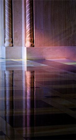 simsearch:400-05327535,k - Colorful light from a stained glass window in a cathedral falls on the polished marble of the church illuminating the carved pillars and reflecting in floor Photographie de stock - Aubaine LD & Abonnement, Code: 400-05299779