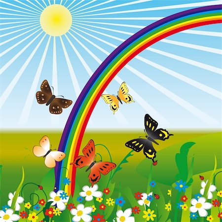 Rainbow and butterflies on flowers. Vector illustration. Vector art in Adobe illustrator EPS format, compressed in a zip file. The different graphics are all on separate layers so they can easily be moved or edited individually. The document can be scaled to any size without loss of quality. Foto de stock - Super Valor sin royalties y Suscripción, Código: 400-05290213
