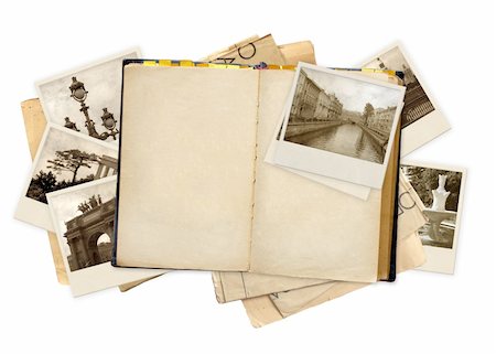 Grunge background with old notebook and photos Stock Photo - Budget Royalty-Free & Subscription, Code: 400-05290756