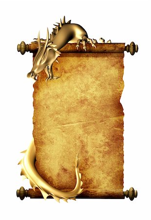 scroll parchments - Dragon and scroll of old parchment. Object isolated over white Stock Photo - Budget Royalty-Free & Subscription, Code: 400-05290758