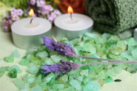 Spa Accessories setting with face cloths, candles and flowers Stock Photo - Budget Royalty-Free & Subscription, Code: 400-05290785