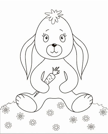 simsearch:400-04772550,k - Rabbit siting on a flower meadow and holding carrot in paws, contours Foto de stock - Super Valor sin royalties y Suscripción, Código: 400-05291055