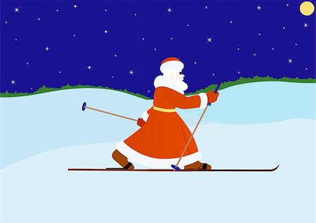 santa claus ski - Illustration on the theme of the New Year. Santa goes skiing. Foto de stock - Super Valor sin royalties y Suscripción, Código: 400-05291419
