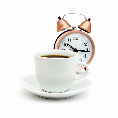 full breakfast - vintage alarm clock and white coffee cup Photographie de stock - Aubaine LD & Abonnement, Code: 400-05291901