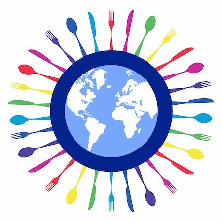 simsearch:400-05877482,k - Cutlery icons. Colorful cutlery silhouettes around Earth planet on white background. Vector available. Stock Photo - Budget Royalty-Free & Subscription, Code: 400-05292120