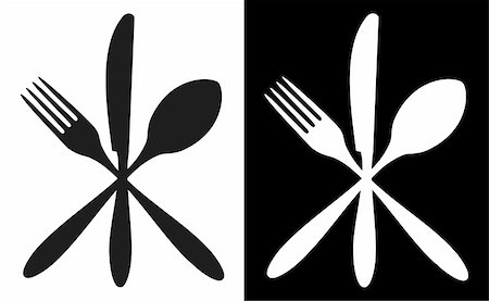 Cutlery icons. Fork, knife and spoon silhouettes on black and white backgrounds. Vector available. Stock Photo - Budget Royalty-Free & Subscription, Code: 400-05292121
