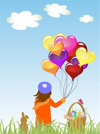 rabbit run - vector eps 10 illustration of a boy with heart balloons in his hand and a bunny standing on a green meadow Stock Photo - Budget Royalty-Free & Subscription, Code: 400-05305724