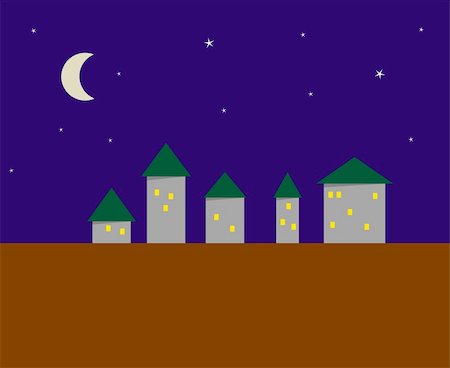 The stylized image of a night small city - five houses Stock Photo - Budget Royalty-Free & Subscription, Code: 400-05305957