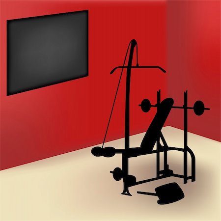 simsearch:400-04329882,k - Gym equipment in red room with board for announce Stock Photo - Budget Royalty-Free & Subscription, Code: 400-05307074
