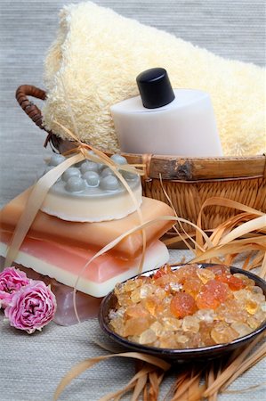 Spa composition: handmade soap, bath salt, moisturizer, towel, orchid flowers Stock Photo - Budget Royalty-Free & Subscription, Code: 400-05307330