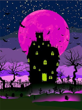 Grungy Halloween background with haunted house, bats and full moon. EPS 8 vector file included Stock Photo - Budget Royalty-Free & Subscription, Code: 400-05307344