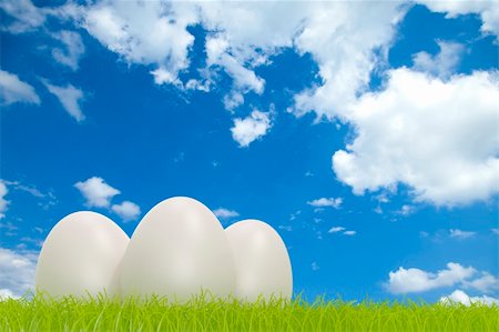 High quality 3d image of three white eggs on grass in front of a cloudy sky Stock Photo - Budget Royalty-Free & Subscription, Code: 400-05308162