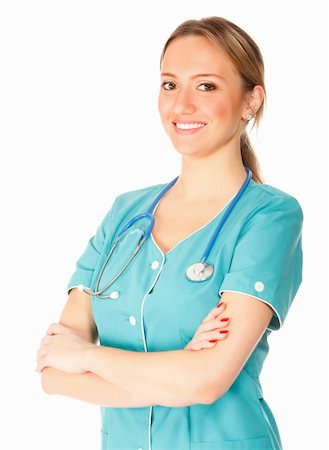 simsearch:6109-06006507,k - Smiling medical doctor woman with stethoscope. Isolated on white background Fotografie stock - Microstock e Abbonamento, Codice: 400-05308255