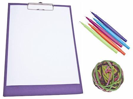 simsearch:614-02935239,k - Modern Clip Board with Pens and Rubber Bands on White. Photographie de stock - Aubaine LD & Abonnement, Code: 400-05309066