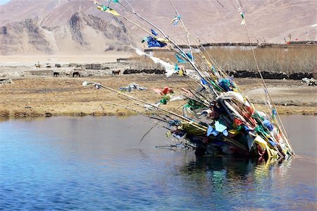 Landscape of colorful prayer flags in a lake in Tibet Stock Photo - Budget Royalty-Free & Subscription, Code: 400-05300617