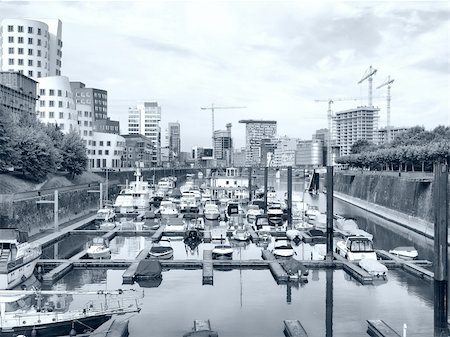 View of Mediahafen harbour in Duesseldorf, Germany - high dynamic range HDR - black and white Fotografie stock - Microstock e Abbonamento, Codice: 400-05300858