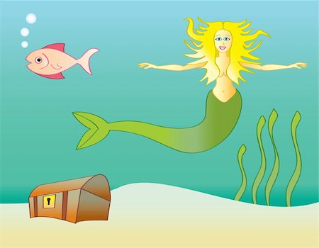 A mermaid swimming under the sea with a fish and a treasure chest near by. Stock Photo - Budget Royalty-Free & Subscription, Code: 400-05301346