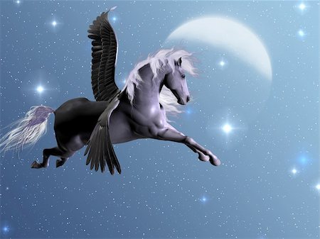simsearch:400-06205526,k - Silver Pegasus flies near the stars and the moon on a bright night. Foto de stock - Super Valor sin royalties y Suscripción, Código: 400-05301744