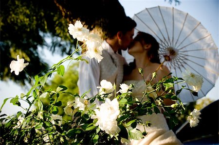 just married couple standing and kissing in white flower bed under a tree in nature on a sunny day Stockbilder - Microstock & Abonnement, Bildnummer: 400-05302911