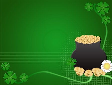 simsearch:400-06569677,k - Abstract green background with golden coins pot, four leaf clovers and flower Stock Photo - Budget Royalty-Free & Subscription, Code: 400-05303101