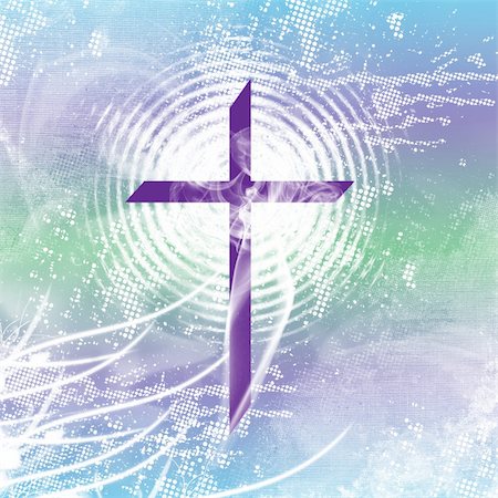 Purple christian cross with white radiation, smoke and distressed, blue and green. Stock Photo - Budget Royalty-Free & Subscription, Code: 400-05303265