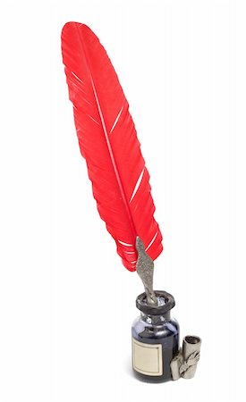 simsearch:400-04001298,k - Elegant antique glass inkwell and red feather pen isolated over white background Photographie de stock - Aubaine LD & Abonnement, Code: 400-05314281