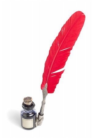 simsearch:400-04001298,k - Antique glass inkwell and red feather pen isolated over white background Photographie de stock - Aubaine LD & Abonnement, Code: 400-05314282