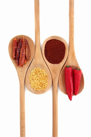 Chili spice selection in dried, flakes, ground and fresh form, isolated over white background. Stock Photo - Budget Royalty-Free & Subscription, Code: 400-05315364