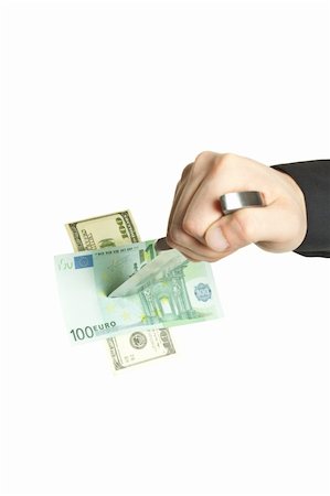 suited person holding paper up - man knifed euro and dollar isolated on white background Stock Photo - Budget Royalty-Free & Subscription, Code: 400-05316317