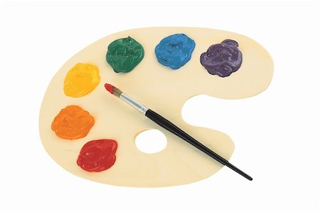 painter palette photography - wooden art palette with blobs of paint and a brush on white background Stock Photo - Budget Royalty-Free & Subscription, Code: 400-05316634