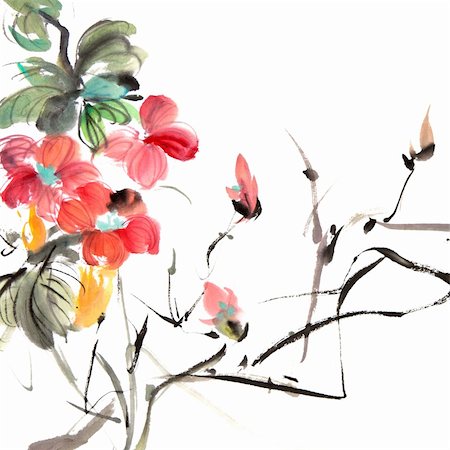 Chinese traditional painting of ink artwork with colorful flowers on white art paper. Stock Photo - Budget Royalty-Free & Subscription, Code: 400-05317465