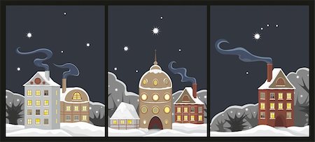 snowflakes on window - Night town on Christmas eve. Cards set Foto de stock - Super Valor sin royalties y Suscripción, Código: 400-05317548