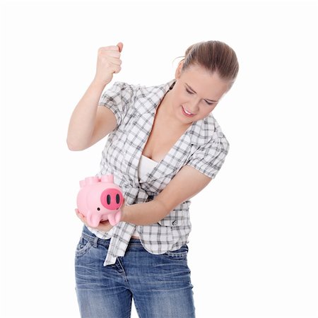 simsearch:400-04312713,k - Young woman trying to get money from her piggy bank, isolated on white background Photographie de stock - Aubaine LD & Abonnement, Code: 400-05318225