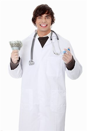 simsearch:400-05205121,k - Young doctor with money and syringe. Isolated on white background. Fotografie stock - Microstock e Abbonamento, Codice: 400-05318285