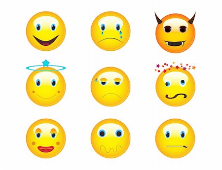 funny depressed - Icon set of nine different emoticons isolated on white background Stock Photo - Budget Royalty-Free & Subscription, Code: 400-05318635