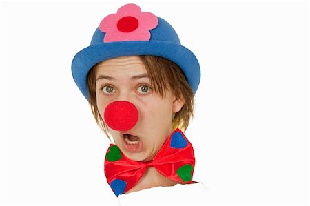 funny wig woman - Clown with red nose looking out of white paper Stock Photo - Budget Royalty-Free & Subscription, Code: 400-05310037