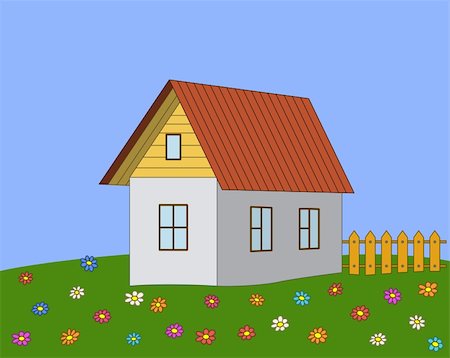 simsearch:400-04220963,k - Little rural house with a red roof and a wooden fence stands on a green meadow among flowers Stockbilder - Microstock & Abonnement, Bildnummer: 400-05310588