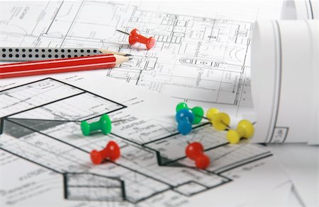 drafting tools - A architect's workspace with plans and pencils Stock Photo - Budget Royalty-Free & Subscription, Code: 400-05312238