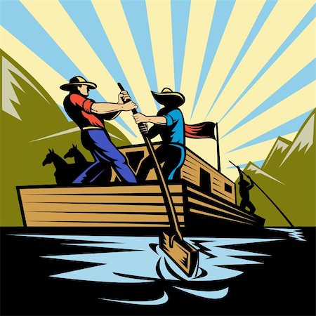 flag pole row - Illustration of a Cowboy man steering flatboat along river Foto de stock - Super Valor sin royalties y Suscripción, Código: 400-05312709