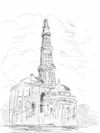 simsearch:400-05324524,k - hand drawn illustration of the Qutub Minara tower Delhi India Stock Photo - Budget Royalty-Free & Subscription, Code: 400-05324524
