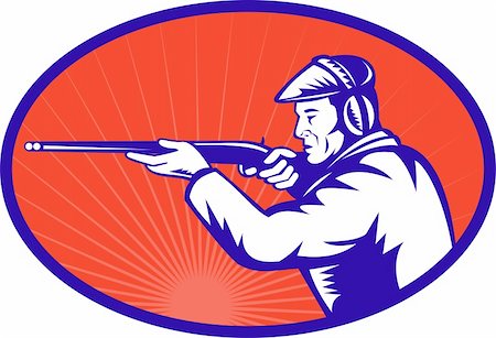 simsearch:400-04639891,k - illustration of a Hunter aiming a shotgun rifle side view set inside an ellipse done in retro woodcut style Stock Photo - Budget Royalty-Free & Subscription, Code: 400-05324557