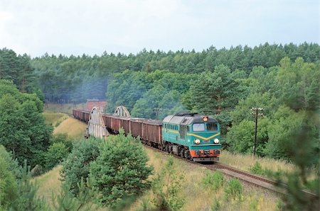 simsearch:400-07417657,k - Freight train hauled by the diesel locomotive passing the forest Fotografie stock - Microstock e Abbonamento, Codice: 400-05328070