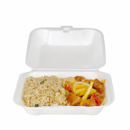 polystyrène - Chinese take-away food in styrofoam box: Fried rice sweet and sour with pineapple and chicken (Isolated on White) Photographie de stock - Aubaine LD & Abonnement, Code: 400-05328651