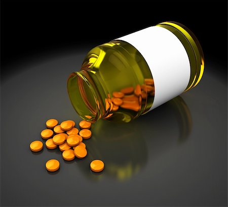 3d illustration of medical bottle and tablets, over dark background Stock Photo - Budget Royalty-Free & Subscription, Code: 400-05320941